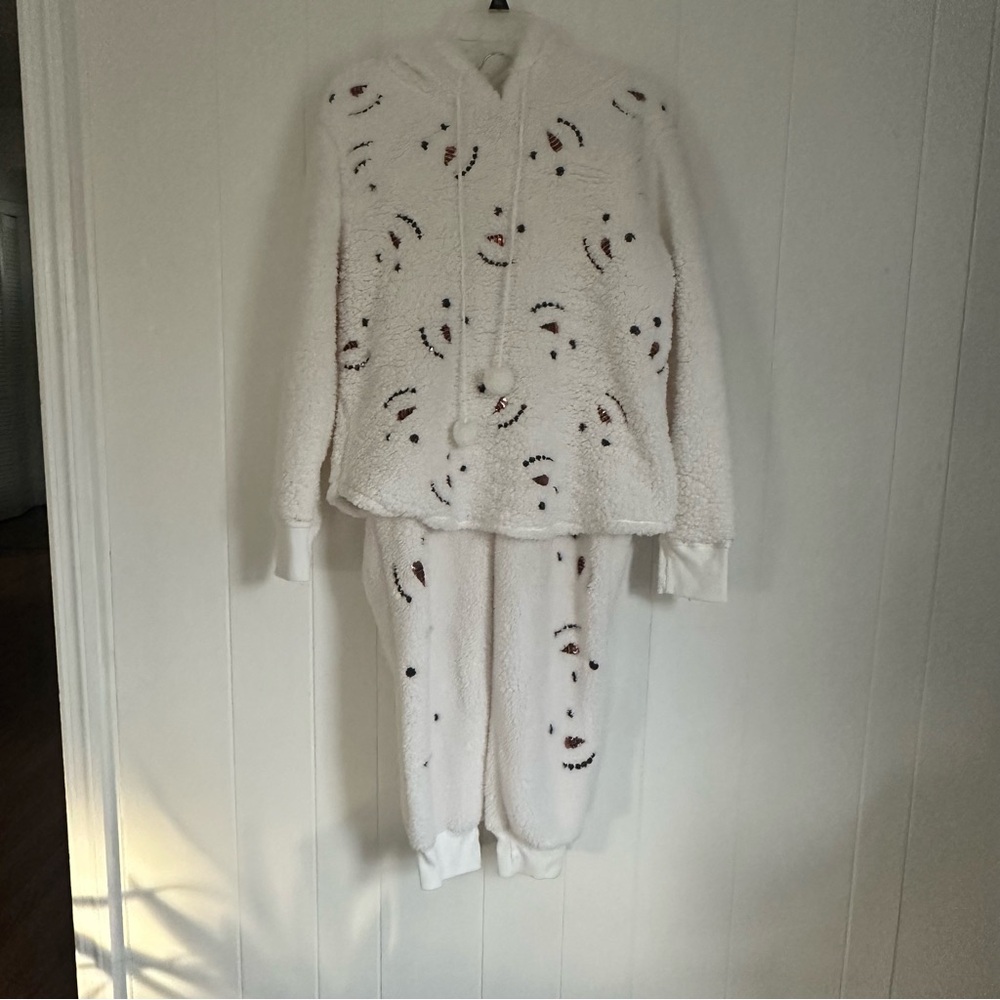 Miss Chievous Snowman Sequin Face Faux Sherpa Pullover Sweater & Pants Size XL